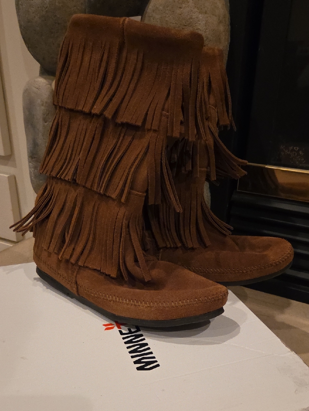 MINNETONKA moccasin Boots..Brown Suede with fringe.